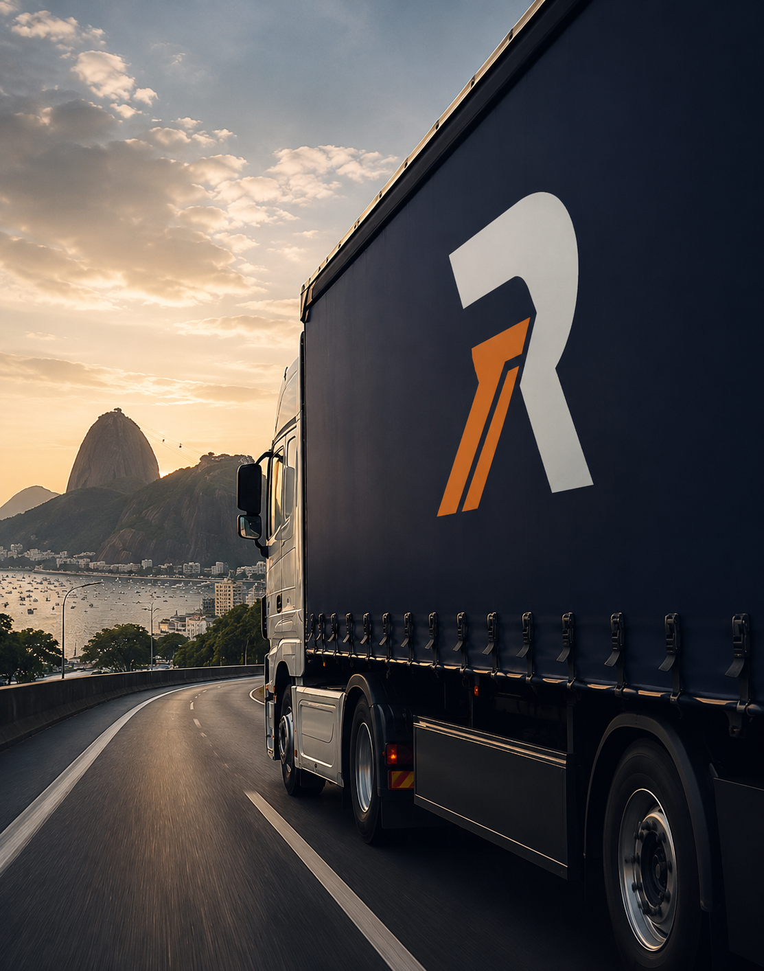 Caminhão moderno com a marca Rodonext trafegando no Rio de Janeiro, com o Cristo Redentor ao fundo no Corcovado